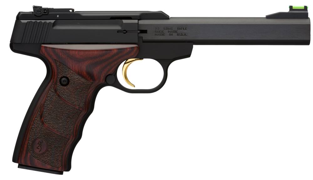 BROWNING 051429490 BUCK MARK PLUS *CA COMPLIANT 22 LR 10+1 5.50" SLAB SIDE BARREL, MATTE BLACK SERRATED STEEL SLIDE  & ALUMINUM FRAME, BROWN FINGER GROOVED LAMINATE GRIPS