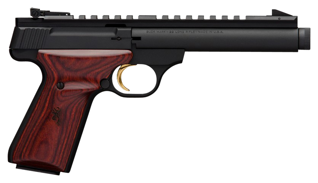 BROWNING 051527490 BUCK MARK FIELD TARGET SR 22 LR 10+1 5.50" BLACK THREADED BULL BARREL, MATTE BLACK ALUMINUM FRAME, PICATINNY RAIL RECEIVER, LAMINATE COCOBOLO TARGET GRIP, RIGHT HAND