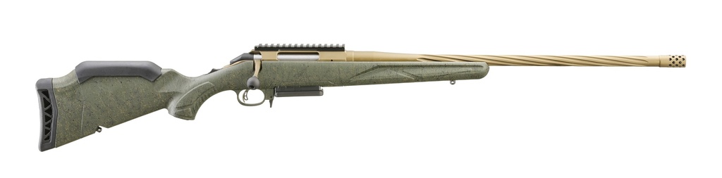 RUGER 46934 AMERICAN II PREDATOR FULL SIZE 6MM CREEDMOOR 3+1 22" BURNT BRONZE CERAKOTE SPIRAL FLUTED THREADED BARREL & ALLOY STEEL RECEIVER W/PICATINNY RAIL, GREEN SPLATTER ADJ LOP SYNTHETIC STOCK