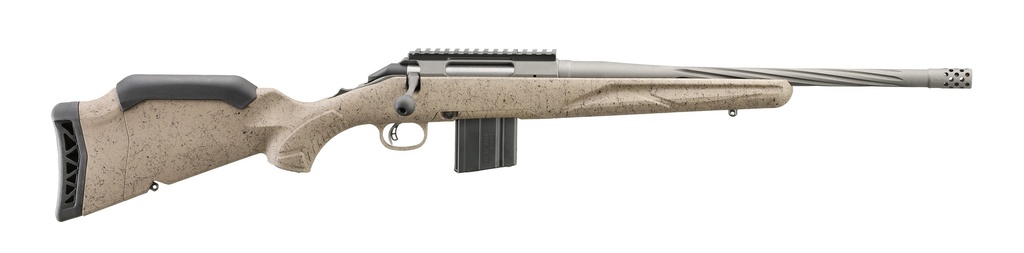 RUGER 46927 AMERICAN II RANCH FULL SIZE 6.5 GRENDEL 10+1 16.10" COBALT CERAKOTE SPIRAL FLUTED THREADED BARREL & ALLOY STEEL RECEIVER W/PICATINNY RAIL, FLAT DARK EARTH SPLATTER ADJ LOP SYNTHETIC STOCK