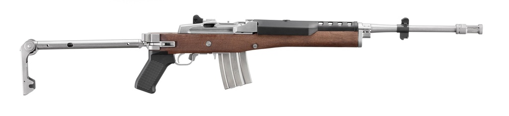 RUGER 5895 MINI-14  223 REM/5.56 NATO 20+1 18.50" MATTE STAINLESS THREADED BARREL, MATTE STAINLESS PICATINNY RAIL  RECEIVER, WALNUT/STAINLESS WOOD SIDE FOLDING SIDE FOLDING STOCK, BLACK POLYMER GRIP