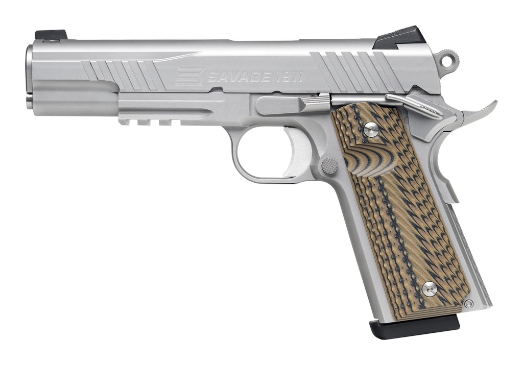 SAVAGE ARMS 67209 1911 GOVERNMENT 9MM LUGER 10+1 5" STAINLESS TARGET CROWN STEEL BARREL, SERRATED STAINLESS STEEL SLIDE & FRAME W/BEAVERTAIL & PICATINNY RAIL, HYENA BROWN G10 GRIP, AMBIDEXTROUS