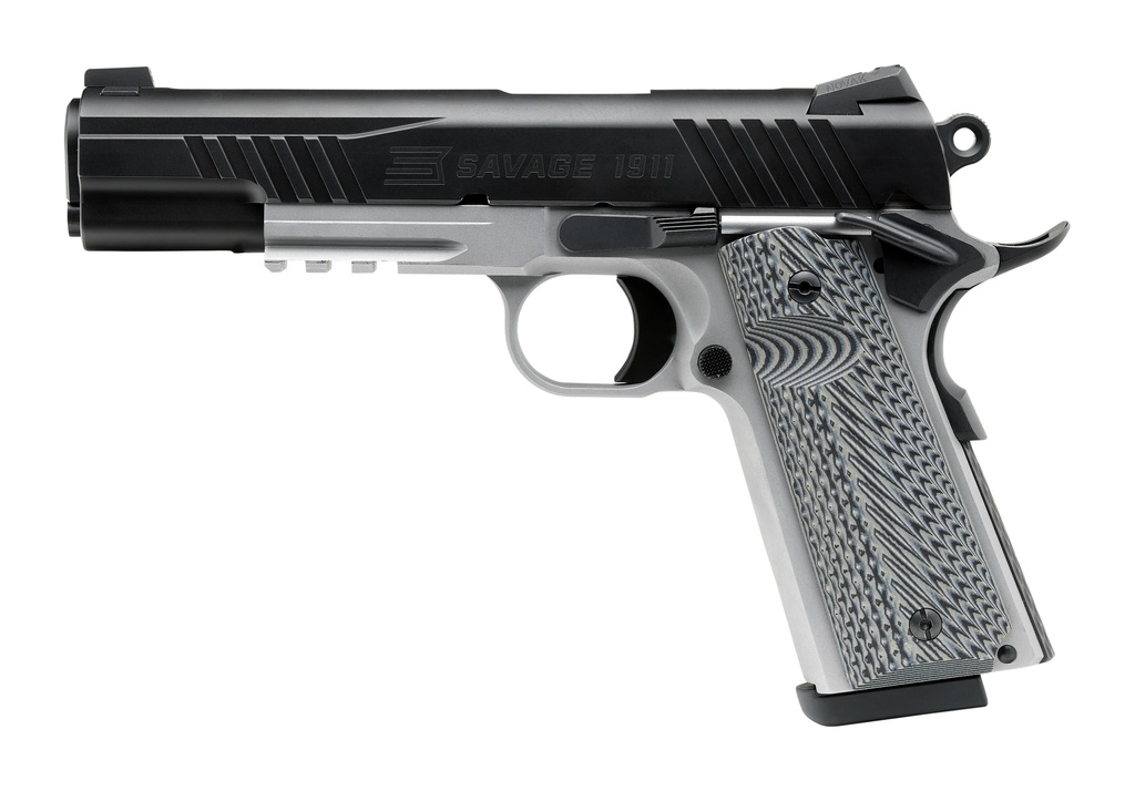 SAVAGE ARMS 67208 1911 GOVERNMENT 9MM LUGER 10+1 5" BLACK STAINLESS STEEL BARREL, BLACK NITRIDE SERRATED STAINLESS STEEL SLIDE, STAINLESS STEEL FRAME W/PICATINNY RAIL, BLACK/GRAY VZ GRIP