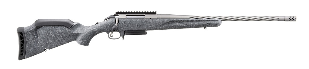 RUGER 46904 AMERICAN II  FULL SIZE 243 WIN 3+1 20" GUN METAL GRAY CERAKOTE SPIRAL FLUTED THREADED BARREL & ALLOY STEEL RECEIVER W/PICATINNY RAIL, GRAY SPLATTER ADJ LOP SYNTHETIC STOCK