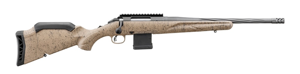 RUGER 46919 AMERICAN II RANCH 5.56 NATO 10+1 16.10" COBALT CERAKOTE SPIRAL FLUTED THREADED BARREL & ALLOY STEEL RECEIVER W/PICATINNY RAIL, FLAT DARK EARTH SPLATTER ADJ LOP SYNTHETIC STOCK