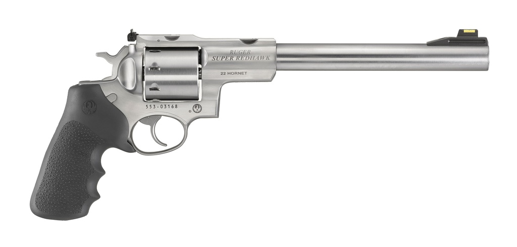 RUGER 5526 SUPER REDHAWK  22 HORNET 8RD 9.50" SATIN STAINLESS STEEL BARREL, CYLINDER & FRAME, BLACK HOGUE TAMER MONOGRIP GRIP, TRANSFER BAR SAFETY