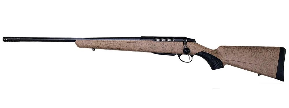 TIKKA JRTXRT416 T3X LITE 308 WIN 3+1 20" FLUTED/THREADED, BLACK BARREL/REC, BLACK WEBBED TAN ROUGHTECH SYNTHETIC STOCK, INTERCHANGEABLE GRIP, MUZZLE BRAKE (LEFT HAND)