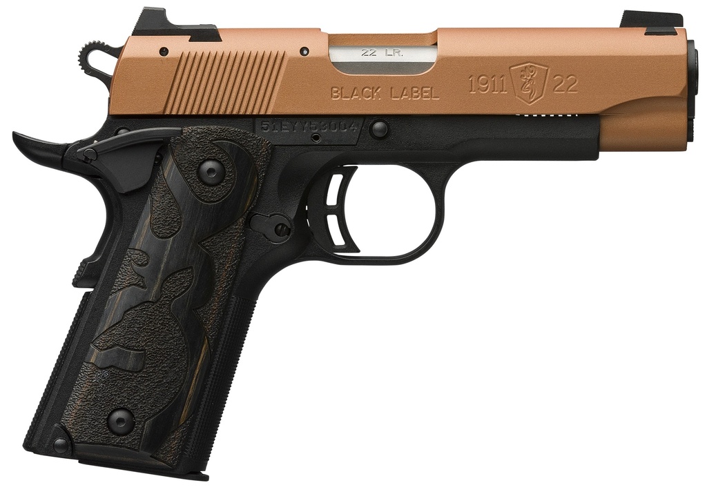 BROWNING 051896490 1911 BLACK LABEL COMPACT FRAME 22 LR 10+1, 3.63" MATTE STAINLESS STEEL BARREL, COPPER CERAKOTE SERRATED SLIDE, MATTE BLACK POLYMER FRAME W/BEAVERTAIL, BLACK LAMINATE WOOD GRIP