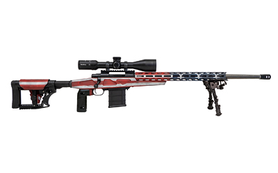 HOWA HCRA72507USKMDT M1500 APC CHASSIS 6.5 CREEDMOOR 24" BLUED HEAVY BARREL 10+1 (3 MAGS), AMERICAN FLAG CERAKOTE 6 POSITION LUTH-AR MBA-4 W/ALUMINUM CHASSIS STOCK, INCLUDES BIPOD AND GRIPS