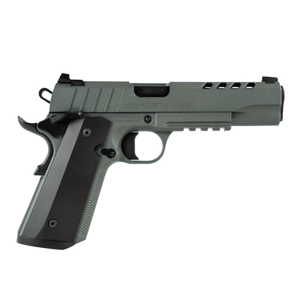 TISAS 10100512 1911 NIGHT STALKER FULL SIZE 45 ACP 8+1 5" BLACK STEEL RAMPED BARREL, PLATINUM GREY CERAKOTE PORTED/SERRATED SLIDE & FRAME W/PICATINNY RAIL & BEAVERTAIL, AMBIDEXTROUS