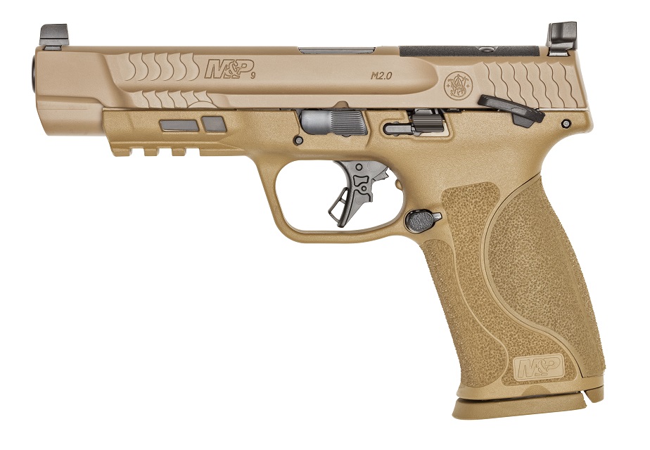 SMITH & WESSON 13569 M&P M2.0  FULL SIZE 9MM LUGER 17+1, 5" BLACK ARMORNITE STEEL BARREL, FLAT DARK EARTH ARMORNITE OPTIC READY/SERRATED STAINLESS STEEL SLIDE & POLYMER FRAME W/PICATINNY RAIL