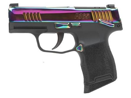 SIG SAUER 365380RBTMS P365  MICRO-COMPACT 380 ACP 10+1 3.10" BLACK CARBON STEEL BARREL, RAINBOW TITANIUM OPTIC READY/SERRATED SLIDE, BLACK STEEL FRAME W/RAINBOW ACCENTS, BLACK POLYMER GRIPS