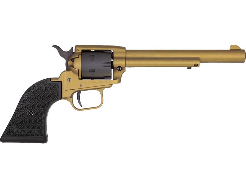 HERITAGE MFG RR22S6 ROUGH RIDER  22 LR 6 6.50", GOLD CERAKOTE BARREL, BLACK SATIN CYLINDER, GOLD CERAKOTE STEEL FRAME, BLACK POLYMER GRIPS FEATURES BLACK ACCENTS