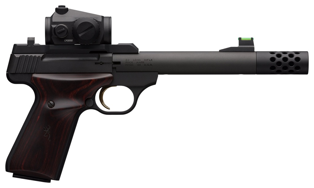 BROWNING 051580490 BUCK MARK HUNTER 22 LR 10+1 5.90" BULL/THREADED/MUZZLE BRAKE BARREL, MATTE BLACK SERRATED STEEL SLIDE & ALUMINUM FRAME LAMINATE COCOBOLO GRIPS, VORTEX CROSSFIRE RED DOT