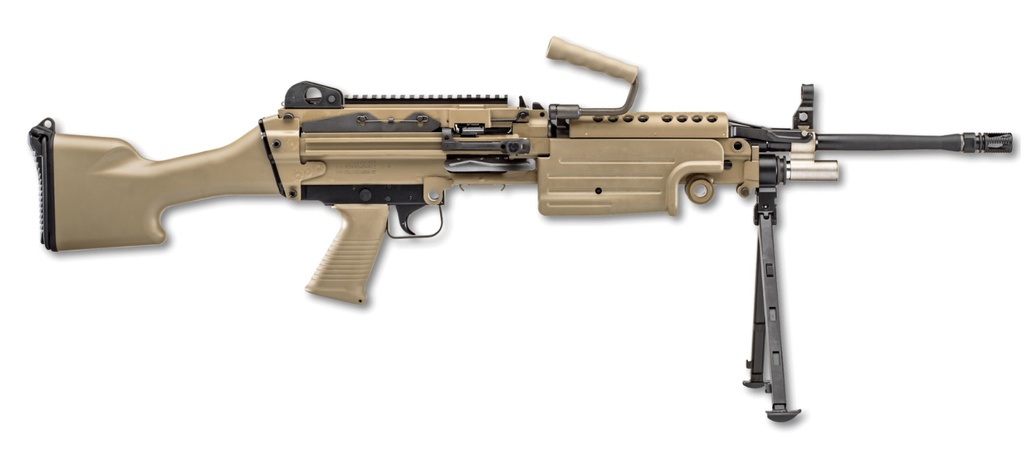 FN 46100170 M249S  5.56X45MM NATO 18.50" BARREL 30+1 MAG OR 200RD BELT CAPACITY, FLAT DARK EARTH FIXED HYDRAULIC BUFFER STOCK, NON-SLIP BUTTPLATE, OPTICS READY