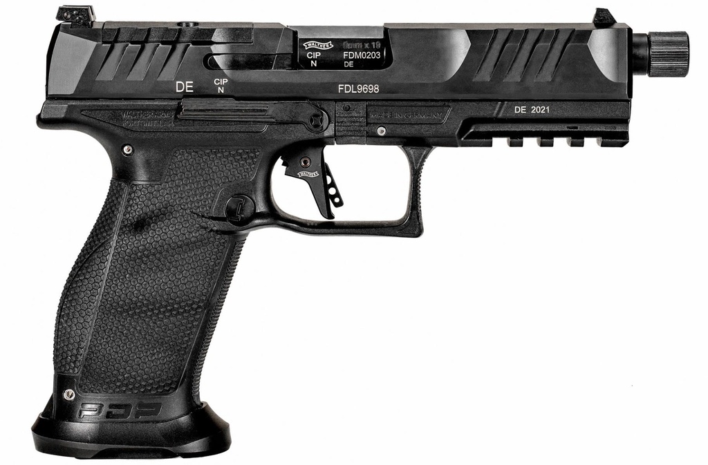 WALTHER ARMS 2842521 PDP PRO SD 9MM LUGER 18+1 5.10" THREADED BARREL, BLACK, OPTIC CUT/SERRATED SLIDE, POLYMER FRAME WITH PIC. RAIL, PERFORMANCE DUTY GRIP, FLARED MAGWELL