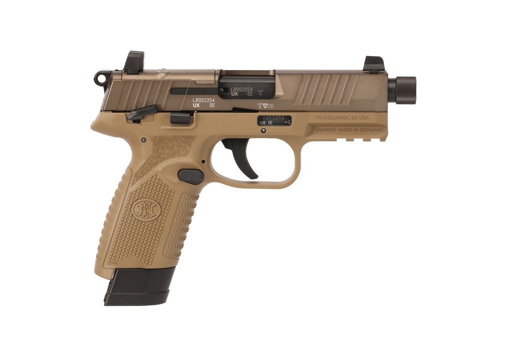 FN 66101006 502 TACTICAL 22 LR 10+1/15+1, 4.60" BLACK STEEL THREADED BARREL, FLAT DARK EARTH OPTIC READY/SERRATED SLIDE & POLYMER FRAME W/PICATINNY RAIL, FDE TEXTURED POLYMER GRIP, AMBIDEXTROUS
