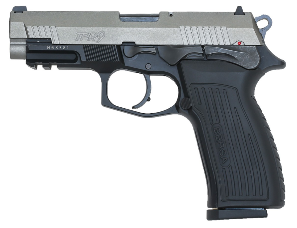 BERSA TPR9DT TPR  FULL SIZE FRAME 9MM LUGER 17+1, 4.30" BLACK STEEL BARREL, NICKEL CERAKOTE SERRATED STEEL SLIDE, MATTE BLACK ALUMINUM FRAME W/PICATINNY RAIL, AMBIDEXTROUS
