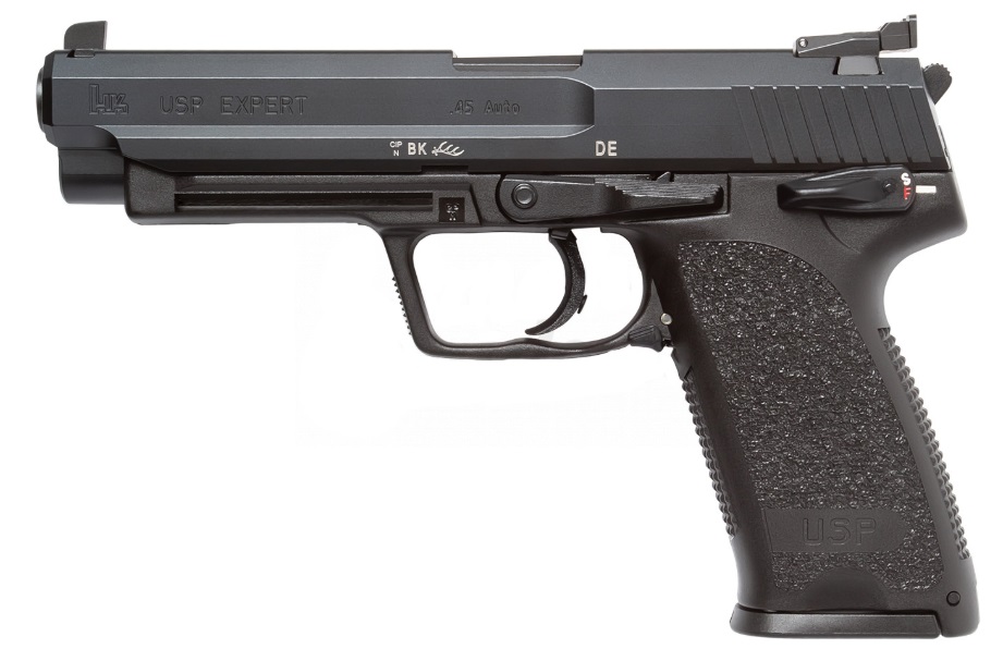 HK 81000364 USP EXPERT V1 SA/DA 45 ACP CALIBER WITH 5.19" BARREL, 12+1 CAPACITY, OVERALL BLACK FINISH, SERRATED TRIGGER GUARD FRAME, SERRATED LONG STEEL SLIDE & POLYMER GRIP INCLUDES 2 MAGS