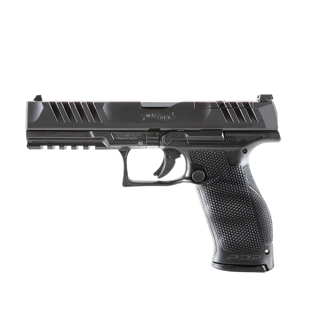 WALTHER ARMS 2844001 PDP OPTIC READY 9MM LUGER CALIBER WITH 5" BARREL, 18+1 CAPACITY, BLACK FINISH PICATINNY RAIL FRAME, SERRATED/OPTIC CUT BLACK STEEL SLIDE & PERFORMANCE DUTY TEXTURED POLYMER GRIP