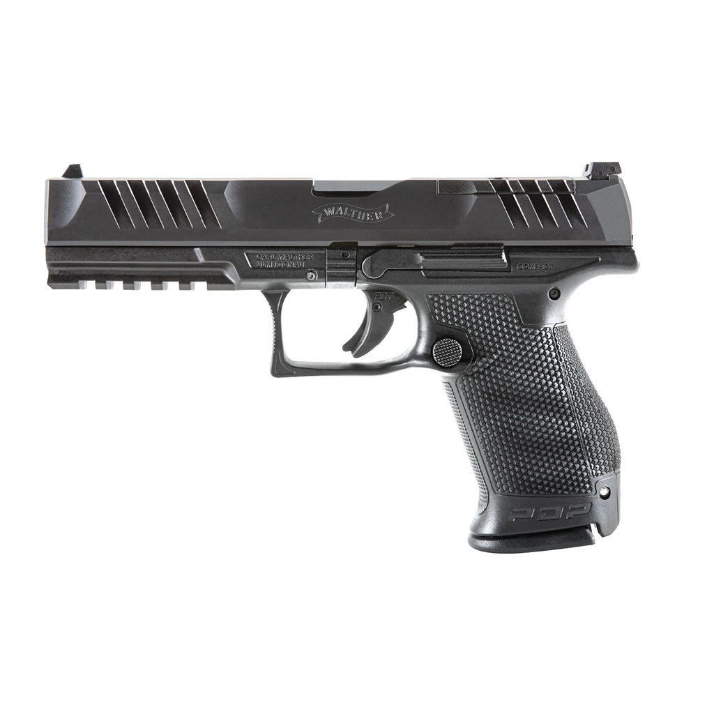 WALTHER ARMS 2844222 PDP  COMPACT FRAME 9MM LUGER 15+1 5" BLACK STEEL BARREL, BLACK OPTIC READY/SERRATED STEEL SLIDE, BLACK POLYMER FRAME W/PICATINNY RAIL, TEXTURED POLYMER GRIP, AMBIDEXTROUS