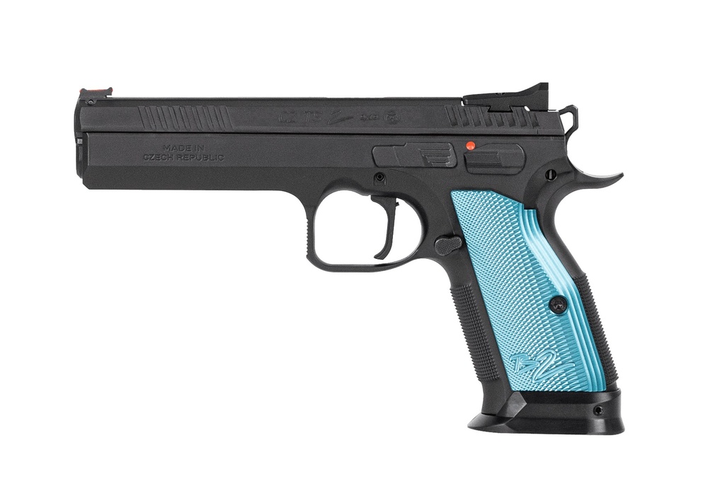 CZ-USA 91220 TS 2  9MM LUGER 20+1 5.28" BLUED STEEL BARREL, BLACK SERRATED STEEL SLIDE, BLACK POLYCOAT STEEL FRAME W/BEAVERTAIL, BLUE CHECKERED ALUMINUM GRIP, AMBIDEXTROUS