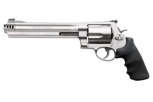 [022188634600] SMITH & WESSON 163460 MODEL 460 XVR EXTRA LARGE 460 S&W MAG 5 SHOT 8.38" SATIN COMPENSATED BARREL, SATIN CYLINDER, SATIN STAINLESS STEEL FRAME, BLACK FINGER GROOVED GRIP, EXPOSED HAMMER