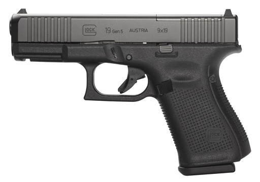 [764503030826] GLOCK PA195S203MOS G19 GEN5 COMPACT MOS 9MM LUGER 4.02" 15+1 OVERALL BLACK FINISH WITH NDLC STEEL WITH FRONT SERRATIONS & MOS CUTS SLIDE, ROUGH TEXTURE INTERCHANGEABLE BACKSTRAPS GRIP & FIXED SIGHTS