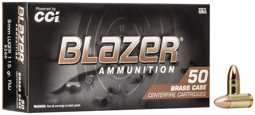 [5200] CCI 5200 BLAZER BRASS HANDGUN 9MMLUGER 115GR FULL METAL JACKET 50 PER BOX/20 CASE