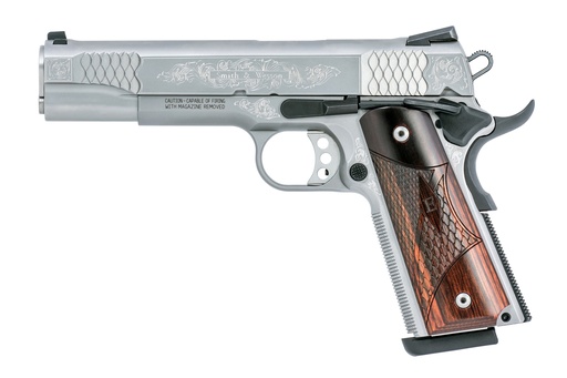 [022188867824] SMITH & WESSON 10270 1911 E-SERIES FULL SIZE FRAME 45 ACP 8+1, 5" STAINLESS STEEL BARREL, GLASS BEAD W/ENGRAVING SERRATED SS SLIDE, MATTE SILVER ENGRAVED SS FRAME W/BEAVERTAIL, AMBIDEXTROUS