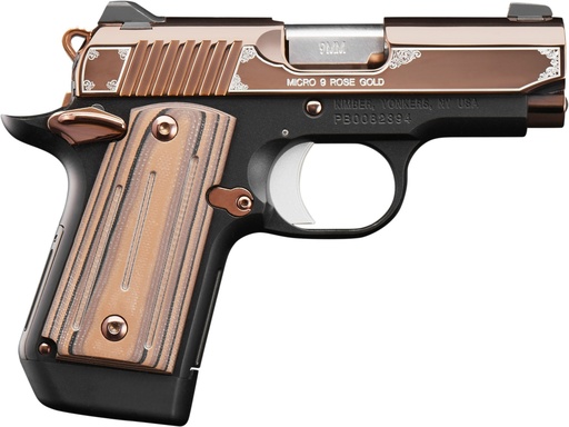 [669278331744] KIMBER MFG, INC 3300174 MICRO 9  9MM LUGER 7+1 3.15" STAINLESS RAMPED STEEL BARREL, ROSE GOLD PVD STAINLESS STEEL SERRATED SLIDE, MATTE BLACK ALUMINUM FRAME, BLACK/ROSE GOLD G10 GRIP