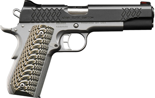 [669278303505] KIMBER MFG, INC 3000350 AEGIS ELITE CUSTOM 9MM LUGER 9+1 5" STAINLESS MATCH GRADE BARREL, KIMPRO II BLACK SERRATED STAINLESS STEEL SLIDE, SATIN SILVER STAINLESS STEEL FRAME W/BEAVERTAIL, G10 GRIP