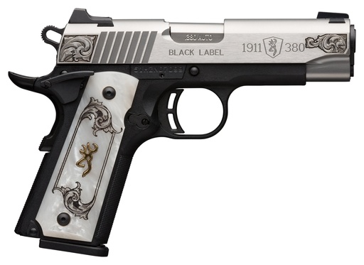 [023614743095] BROWNING 051967492 1911 BLACK LABEL MEDALLION COMPACT 380 ACP 8+1 3.63" MATTE STAINLESS STAINLESS STEEL BARREL & SERRATED SLIDE, MATTE BLACK POLYMER FRAME W/BEAVERTAIL, WHITE IMITATION PEARL GRIP