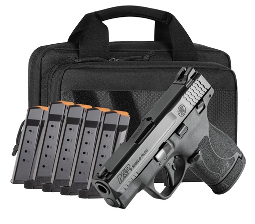 [022188905250] SMITH & WESSON 14750 M&P SHIELD PLUS BUNDLE MICRO-COMPACT 9MM LUGER 13+1, 3.10" BLACK ARMORNITE STAINLESS STEEL BARREL & SERRATED SLIDE, MATTE BLACK POLYMER FRAME,  THUMB SAFETY, 6 MAGS & BAG