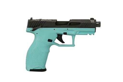 [725327943358] TAURUS 1-2TX22P141C-10 TX22 T.O.R.O. 22 LR 10+1 4.60" MATTE BLACK THREADED BARREL, BLACK HARD COAT ANODIZED OPTIC READY/SERRATED SLIDE, CYAN POLYMER FRAME W/PICATINNY RAIL, TEXTURED GRIP