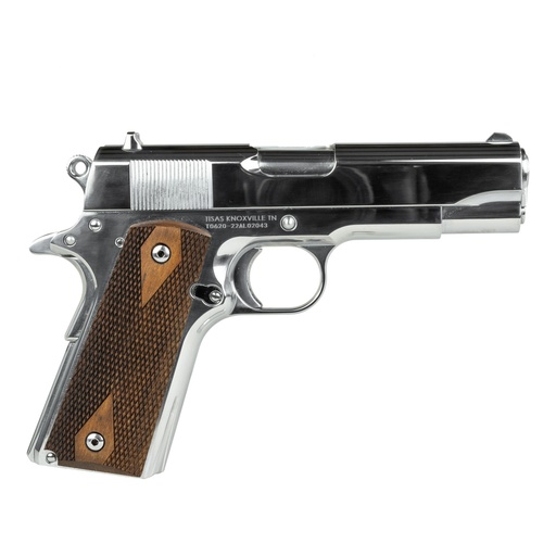 [723551440575] SDS IMPORTS 10100112 1911A1 DESPERADO 38 SUPER/9MM LUGER 9+1 4.25" HARD CHROME PLATED BARREL, HIGH POLISHED CHOMIUM COATED SERRATED STEEL SLIDE & FRAME W/BEAVERTAIL, CHECKERED WOOD GRIPS